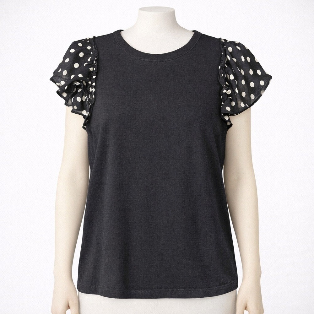 Kate Spade Polka Dot Ruffle Sleeve Top Sz S Black‎ Coquette Preppy Twee Designer